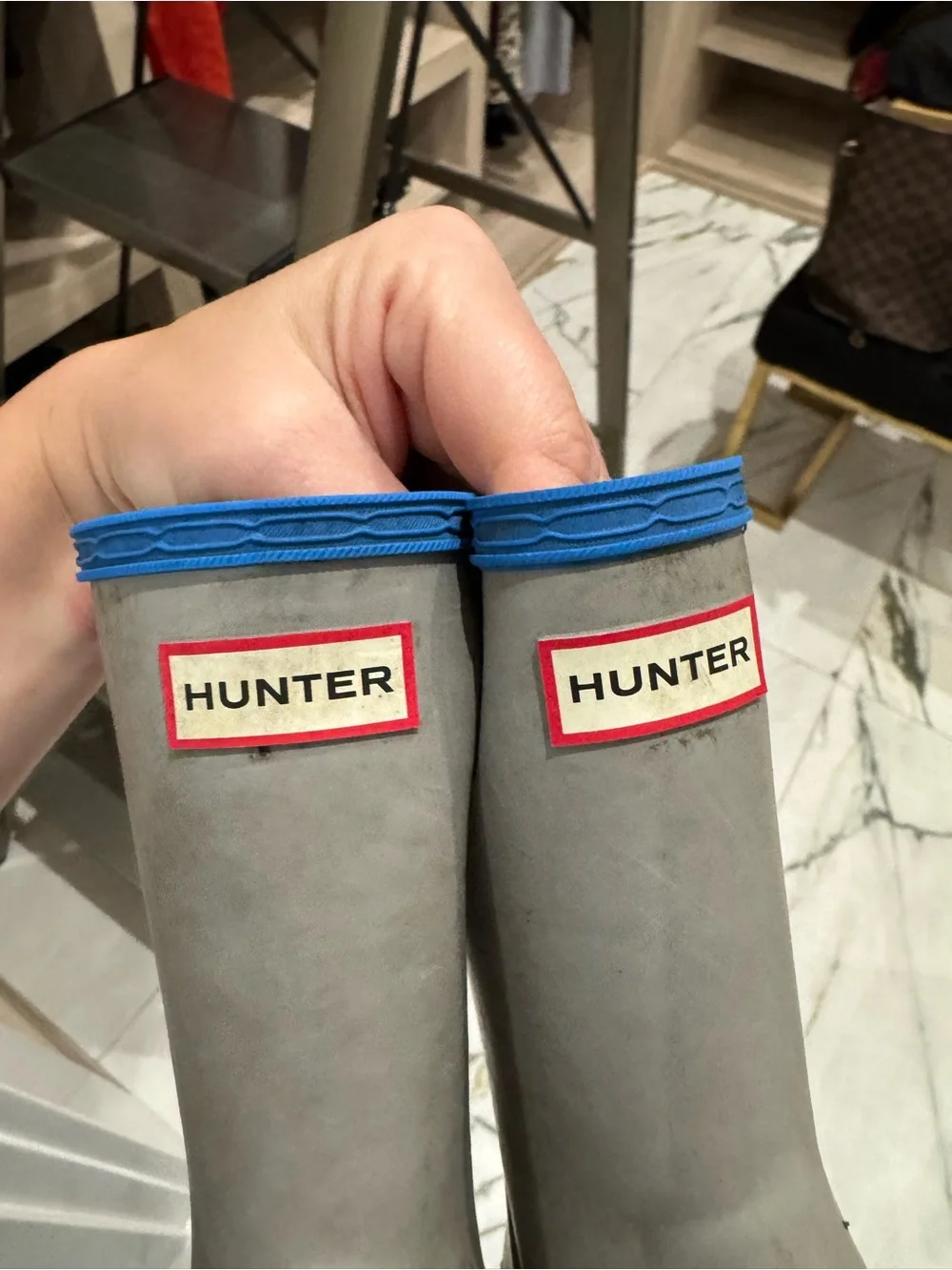 Hunter Kids Gray Rubber Rain Boots with Blue Trim